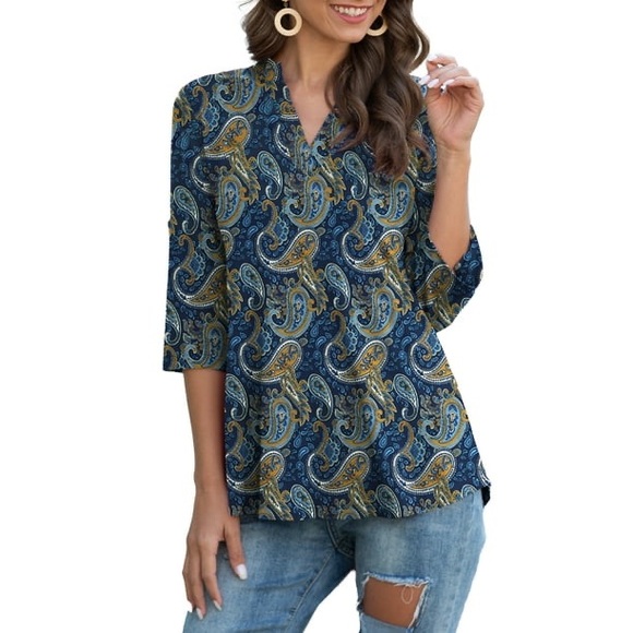 Women's Plus Size Tunic Tops 3/4 Roll Sleeve Notch V Neck Blouses Shirts - Picture 6 of 9